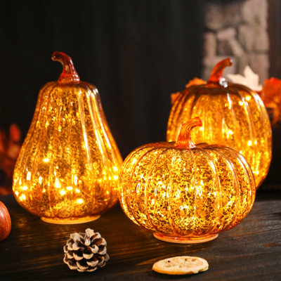 3 Piece Set Of Illuminated Glass Autumn Harvest Pumpkin Decorations, Charming Lights With Glitter Finish For Fall And Thanksgiving Decor,indoor Outdoor Decor