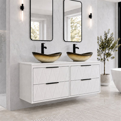 48" Wall Mounted Floating Double Bathroom Vanity with Artistic Vessel Sinks, Hand-Painted, 4 Soft-Close Drawers