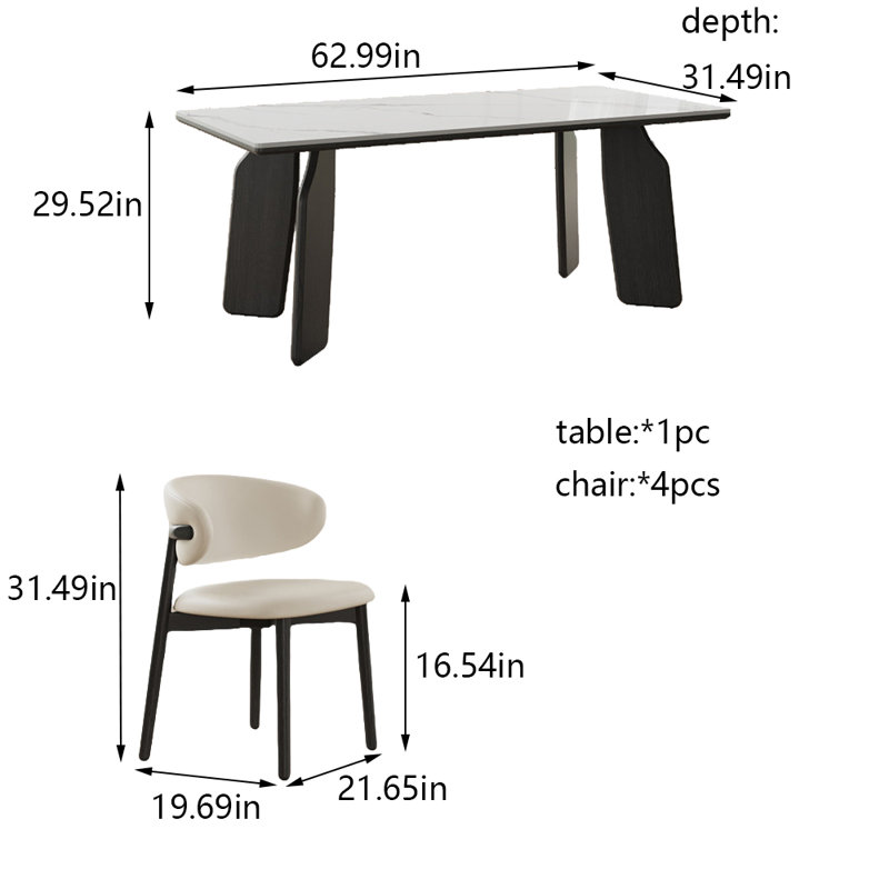 Combinaison simple de table à manger et de chaise, H 29,52 po x L 62,99 po x l 31,49 po
