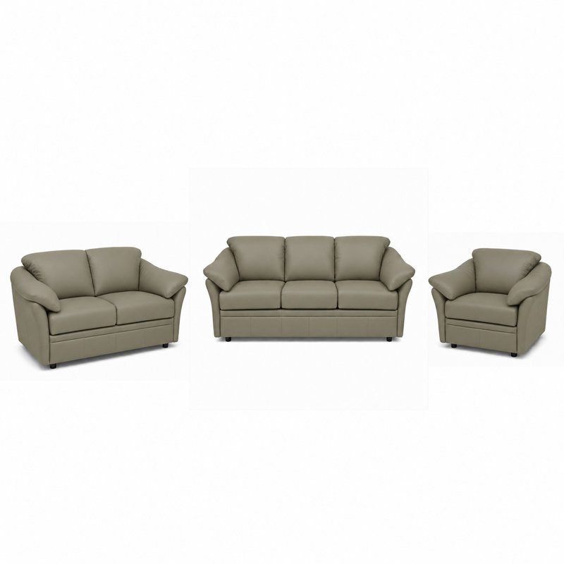 Ensemble de canapés en cuir Ramdev, Cuir véritable gris clair, Canapé, causeuse, fauteuil