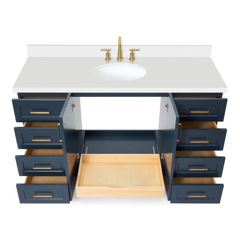 61 IN.  Single Bathroom Vanity, Oval, White Quartz, Midnight Blue