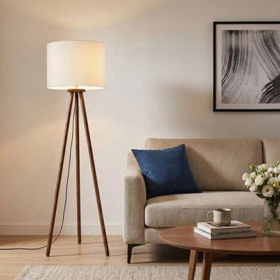 60.6" Modern Rustic Tripod Floor Lamp with Solid Rubber Wood Legs, Linen Drum Shade, Adjustable Height, Foot Switch Control, cULus Certified for Living Room Side Tables, Bedroom Corners, Home Offices or Study Rooms