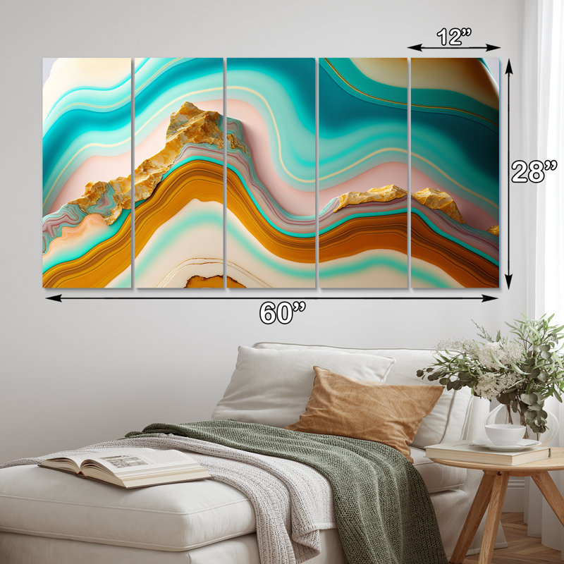 Liquide harmonie agate bleue turquoise - décoration murale formes abstraites - 5 panneaux égaux