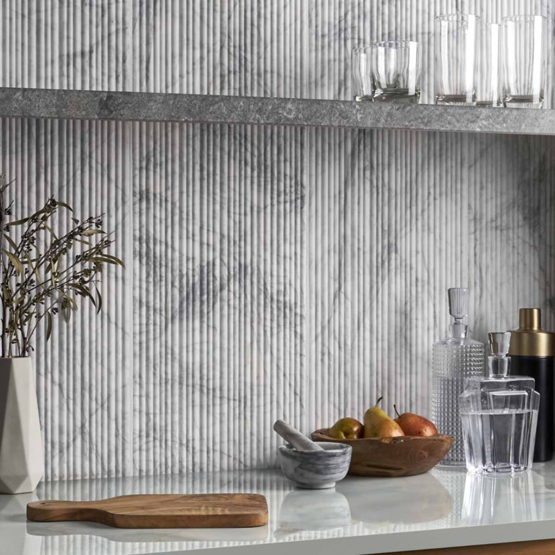 Waves 12x24 Fluted 3D Honed Marble Tile, White Lion