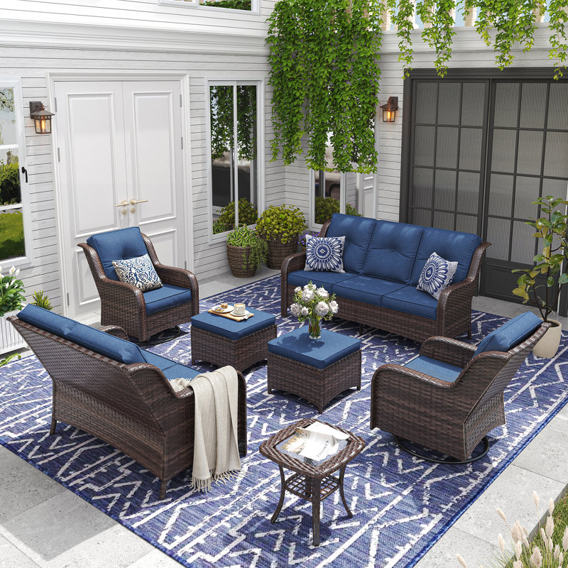 Ensembles de conversation d'extérieur Pe Wicker, Structure brune / coussin bleu marine