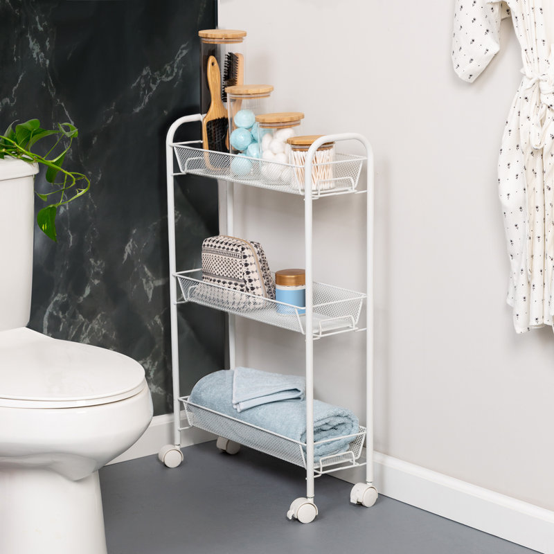 Slim White 3-Tier Wire Mesh Rolling Storage Cart