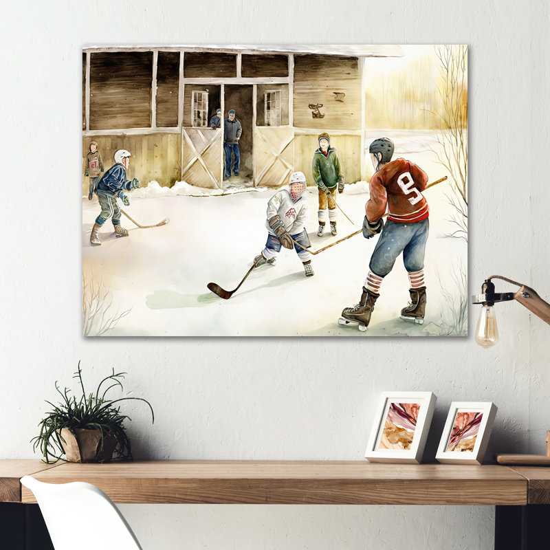 Enfants jouant au hockey sur la patinoire II - Impression sur toile, H 16 po x l 32 po x P 1 po, Toile tendue