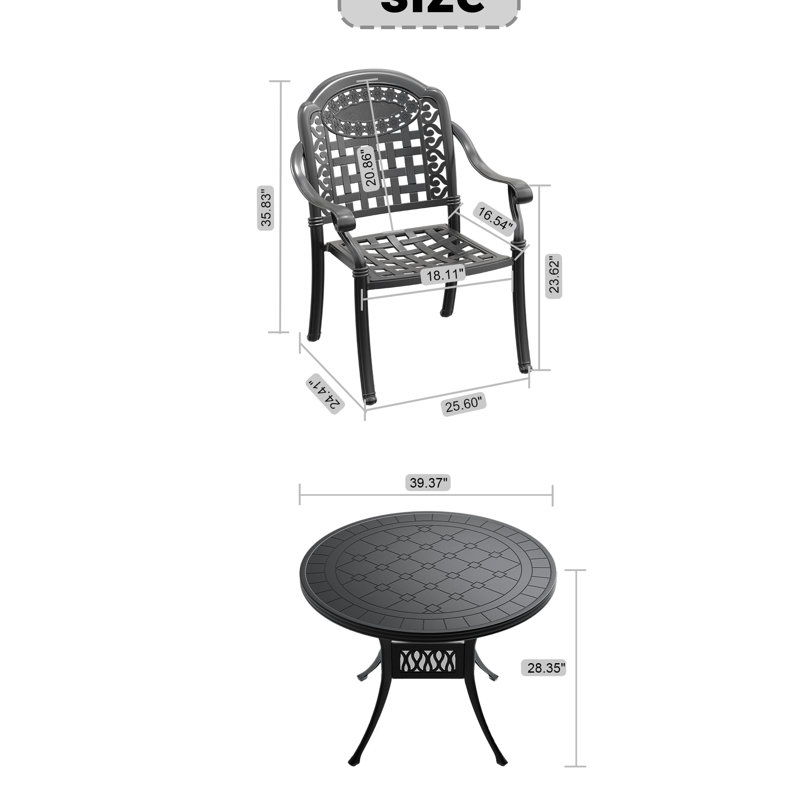 Ensemble de 3 chaises et tables de jardin en fonte d'aluminium avec coussins - Noir, construction robuste, empilables, assise confortable et résistante aux intempéries