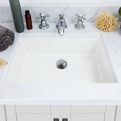 Rectangular Porcelain Ceramic Undermount Bathroom Sink In White With Overflow