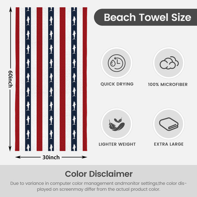  Serviette de plage en microfibre légère, absorbante et sans décoloration, 30 po x 60 po, bande de drapeau Shark