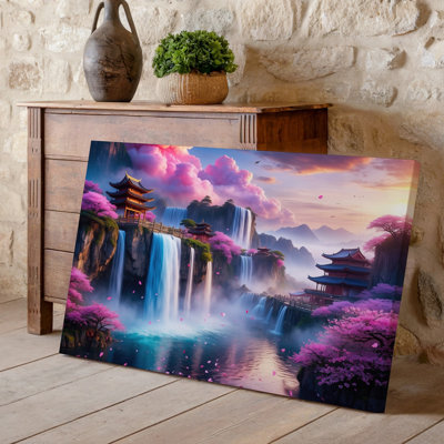 Canvas A Breathtaking Fantasy Landscape Featuring Cascading Waterfalls Flowing Through Vibrant Wall Art Pink Clouds Surrounded By Lush Canvas Wall Art