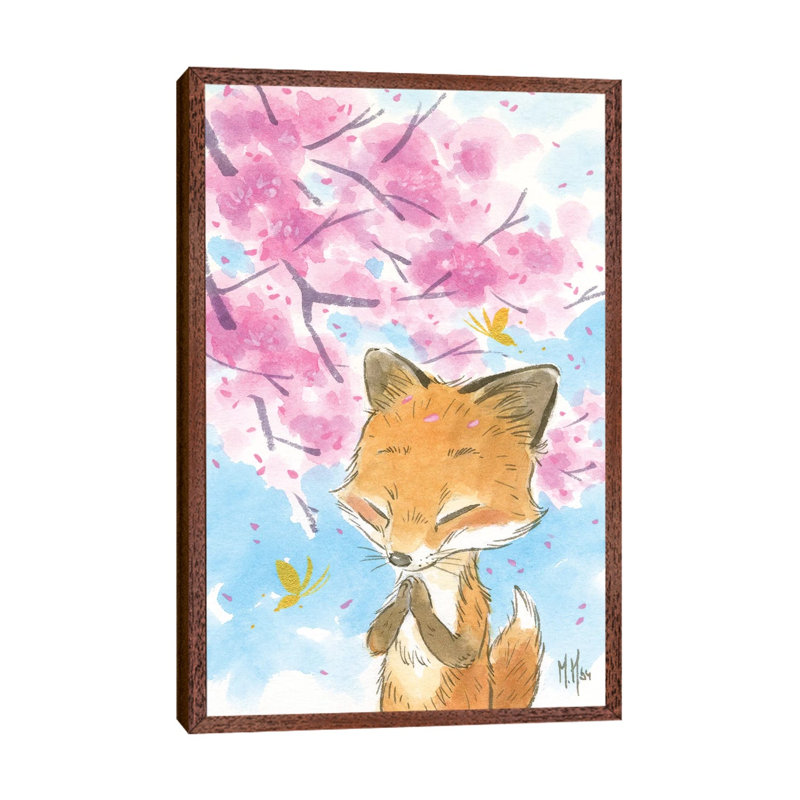 Cherry Blossom Fox by Martin Hsu - Painting on Canvas, 66.04 cm H x 45.72 cm W, Classic Brown Wood Framed