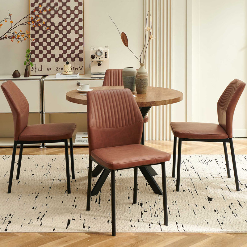 5-Piece Round Dining Table Set, 37 Inch Kitchen Table And 4 PU Leather Chairs, Brown