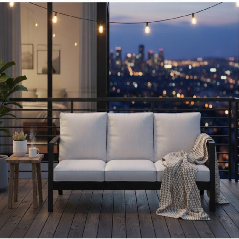 Canapé de patio 75 po 3 places en aluminium toutes saisons avec coussins épais gris clair et structure noire, Gris