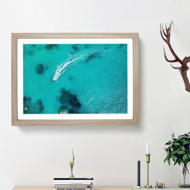 Boat Passing over the Ocean in Corfu Greece - Picture Frame Graphic Art Print, Oak Framed, 27cm H x 36cm W x 2cm D