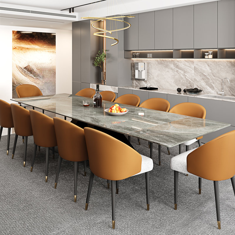 Grande table de salle à manger extensible moderne 78,74 "à 110,24" en pierre frittée moderne avec base en acier au carbone noir