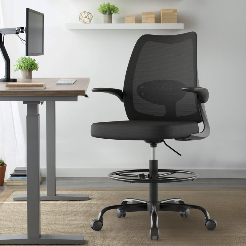 Breathable Mesh Drafting And Office Chairs With Adjustable Foot Pedals And Armrests, Black