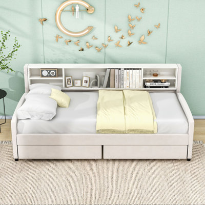 Twin Upholstered Daybed with Shelves and 2 Drawers