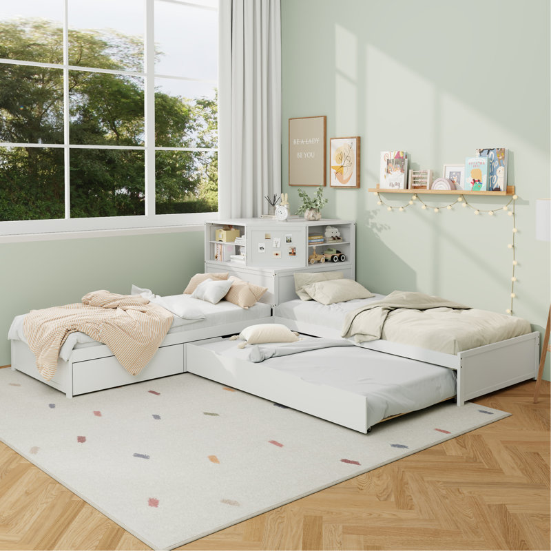 Structure de lit en forme de L avec lit gigogne et tiroir, lit plateforme en coin bas 3-en-1 avec bureau intégré, Blanc