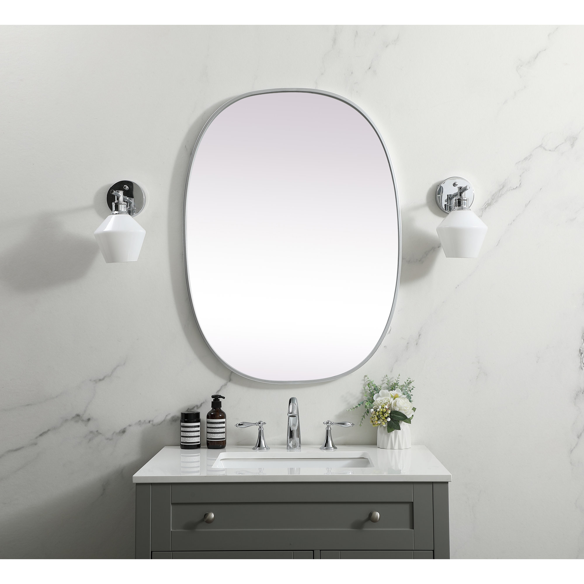 Sabine Metal Curved Oval Wall Mirror, 36" x 27", Silver