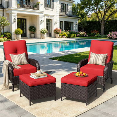 Holoman Outdoor Wicker Patio Chair Set With Ottoman, 2-Piece Rattan Reclining Lounge Furniture With Thick Cushions