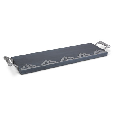 Gray-washed metal-inlay charcuterie board with handles