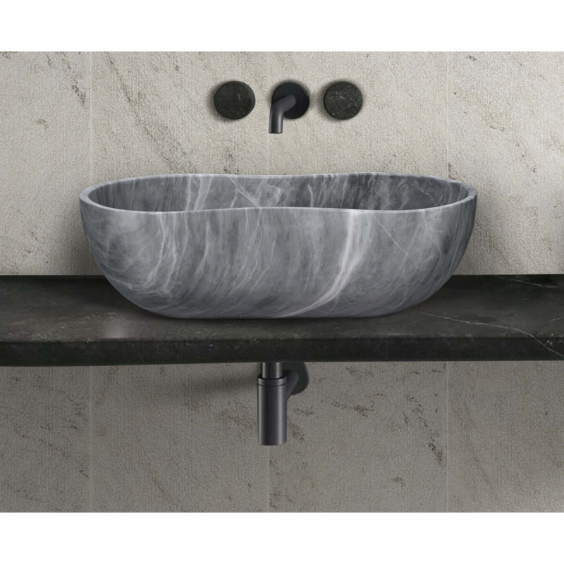 Bathroom Vessel Sink, Semi-Polished Surface, Natural Stone, Genuine Marble, Real Marble, Gray