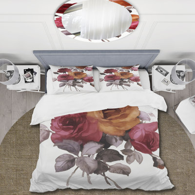 Ensemble de housse de couette Traditional - roses rétro orange et rouge - microfibre de polyester