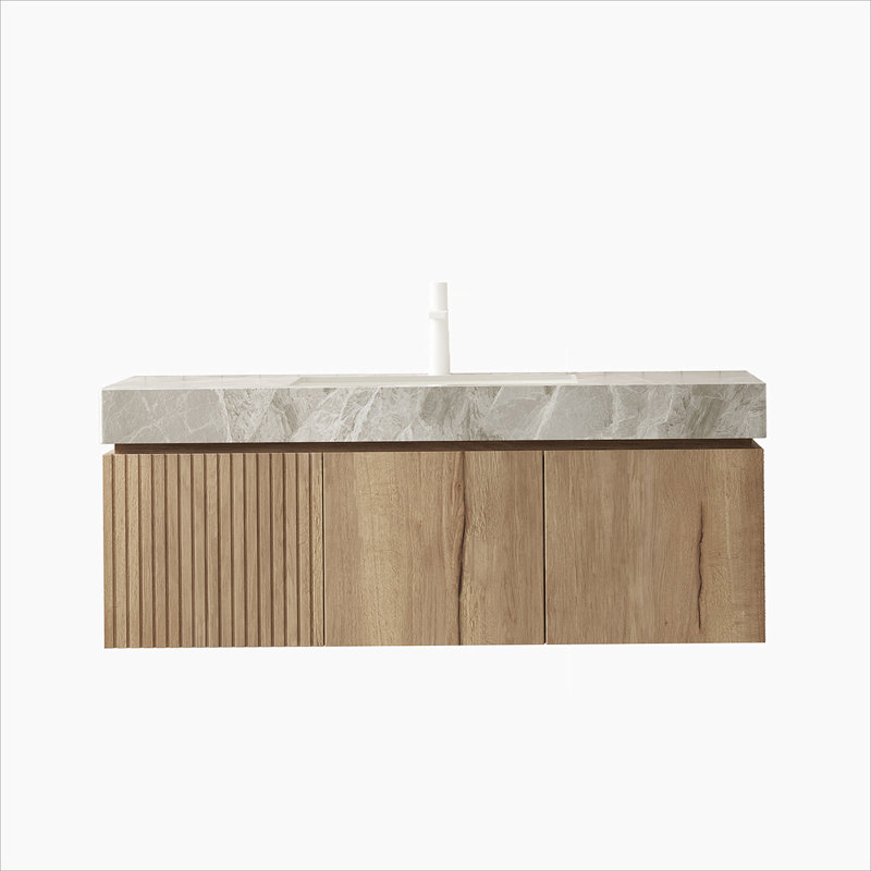 Meuble-lavabo 48 po avec lavabo, meuble de rangement flottant en contreplaqué avec tiroir et 2 portes, comptoir en pierre frittée gris clair avec vasque, pré-assemblé, couleur grain de bois de chêne blanc