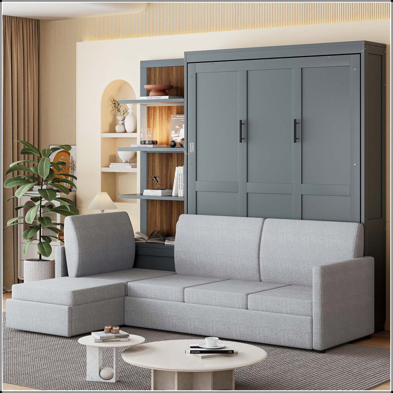 Grand lit escamotable avec canapé et tablettes, Gris