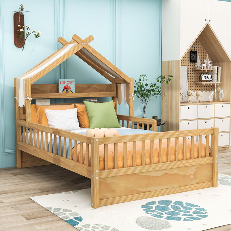 Wooden House Bed with Safety Guardrail, Natural, Full