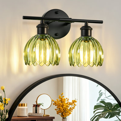12.2 Inch 3-Light Vanity Light Fixtures In Matte Black With Green Tulip Glass Shades, Modern Bathroom Wall Lighting