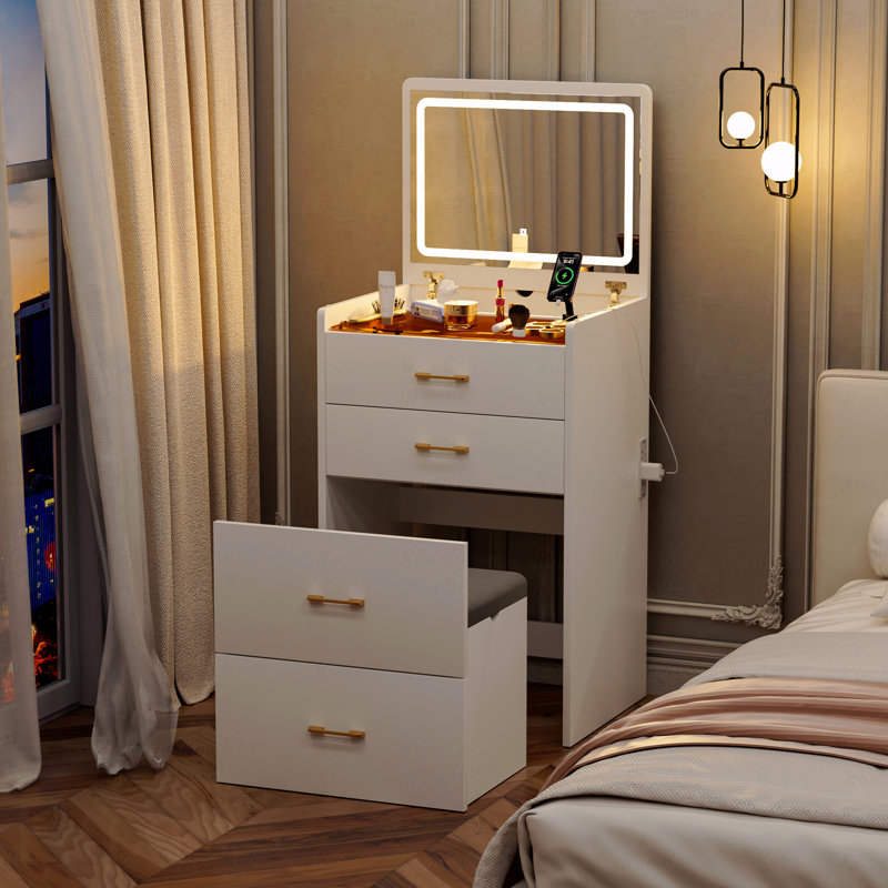 Coiffeuse (coiffeuse de maquillage) - bureau de coiffeuse 3 en 1 (miroir de maquillage) avec miroir à plateau ouvert, coiffeuse de maquillage avec bureau en verre visible, coiffeuse de maquillage compacte avec 3 tiroirs et tabouret, pour la chambre à coucher