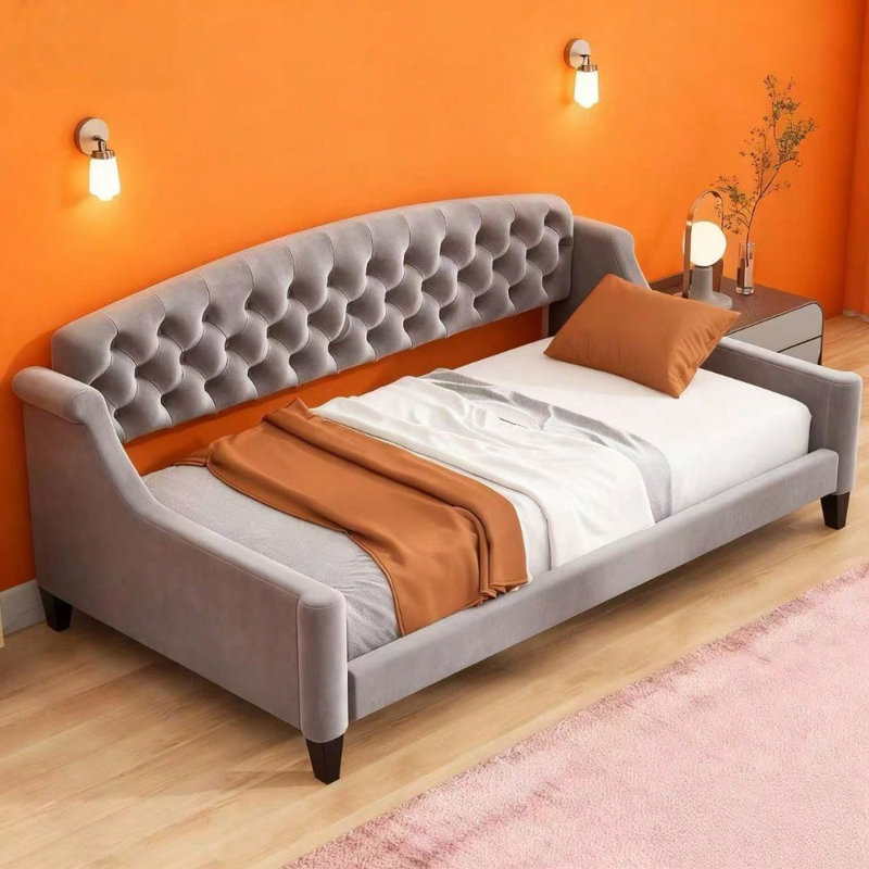 Twin Size Modern Luxury Daybed with Tufted Button Design, Gray Upholstered Sleeper Sofa with Convertible Function & Sturdy Frame (Mattress not included)