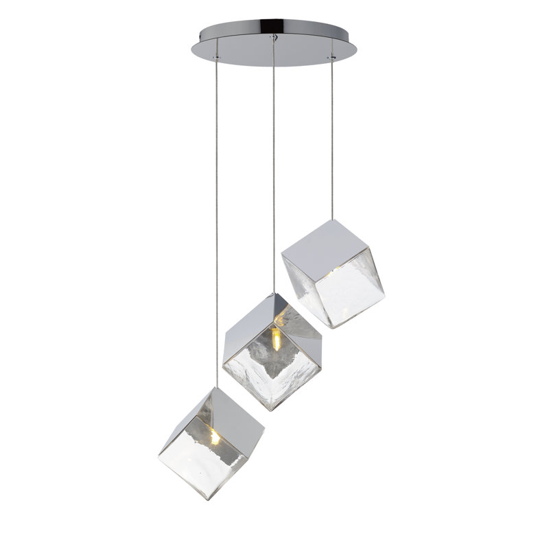 Luminaire suspendu grappe 3 lumières Ice Cube, Chrome poli, Argent transparent