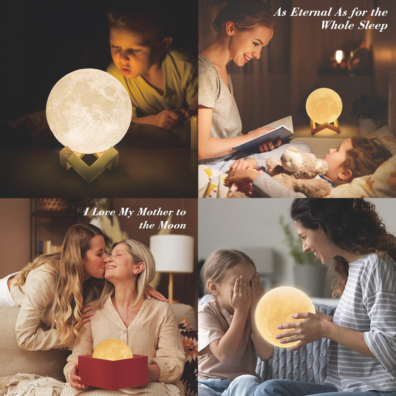 3D Moon Lamp with 7.1' Wooden Base,LED Night Light, Mood Lighting with Touch Control Brightness