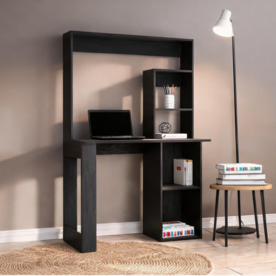 Compact Computer Desk with Hutch and Shelves, Sleek Black Engineered Wood, 38.8 W