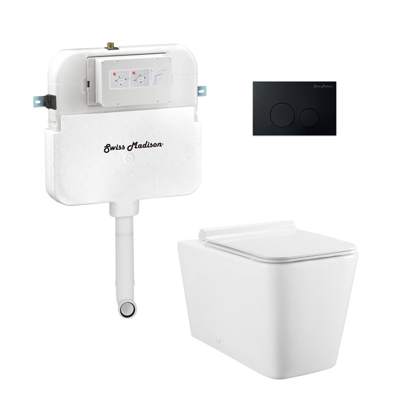 Concorde Back-To-Wall Toilet Bundle 0.8/1.6 GPF Dual Flush In Glossy White With Flush Plate, Glossy White/Black