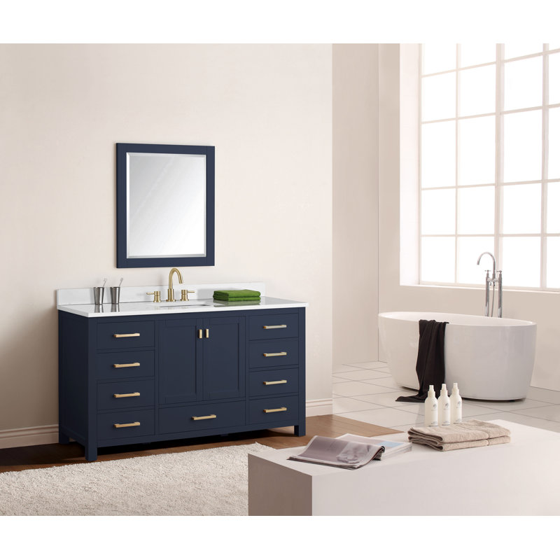 Meuble-lavabo simple 60 po avec plateau Souther, Marbre blanc de Carrare, Marine, Doré