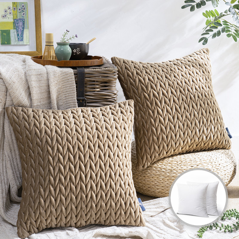 Light Brown Quilted Velvet Braid Textured Decorative Throw Pillow Set, 20" x 20"