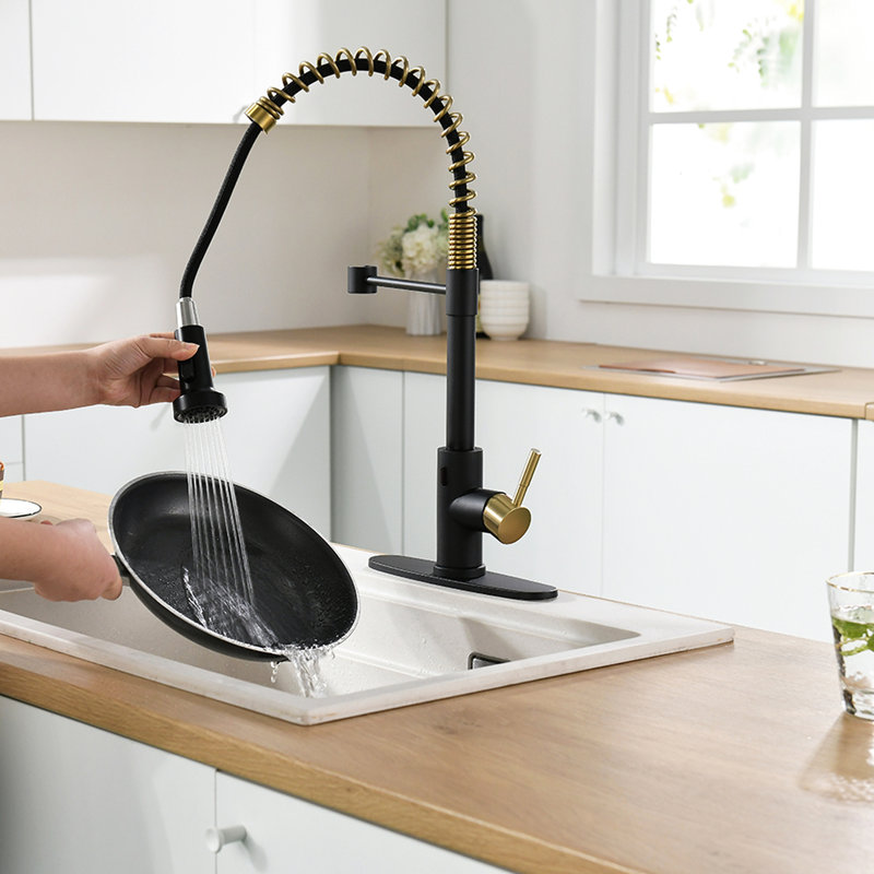 Robinet de cuisine sans contact avec douchette rétractable - Mains automatiques Smart, noir et or, contemporain, acier inoxydable, remplissage en céramique Smart Touchless
