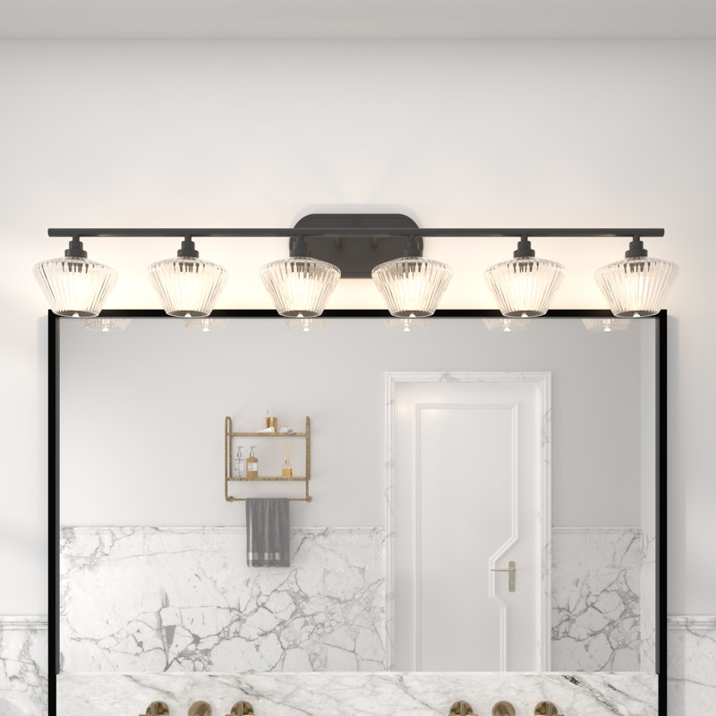 Éclairage de salle de bain à intensité variable à 6 lumières avec abat-jour en verre nervuré Racust, Noir mat