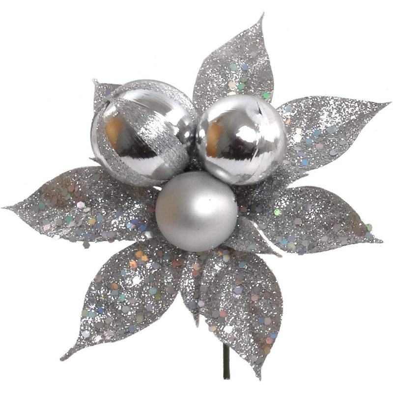 Ensemble de couronnes de Noël à faire soi-même de 61 cm avec pics à poinsettias argentés pailletés de 61 cm et boules décoratives