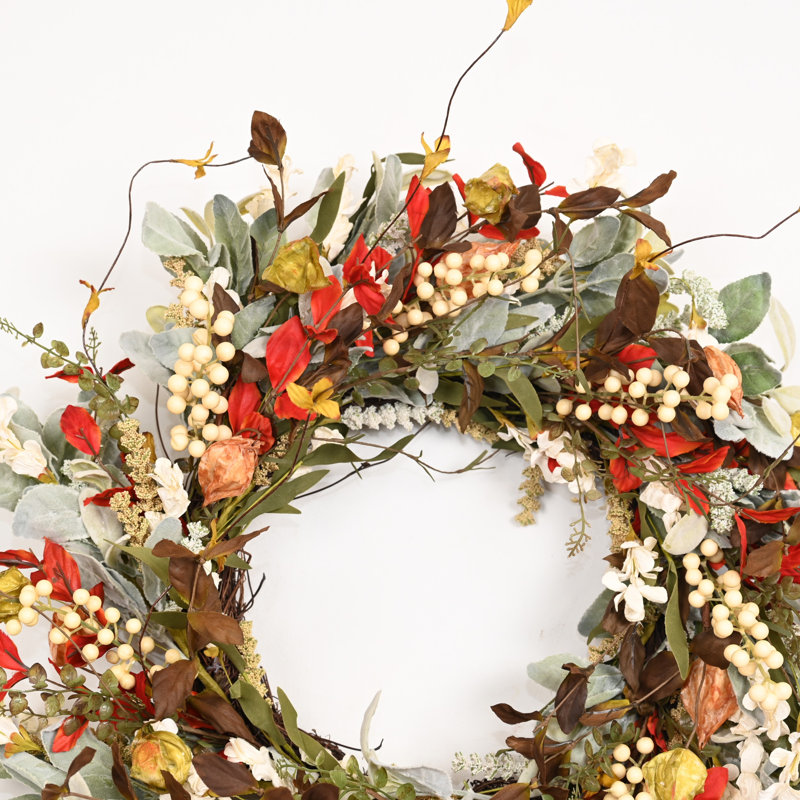 24" Artificial Rustic Fall Foliage Leaves Lambs Ear Berry Fall Harvest Front Door Wreath Thanksgiving Decor