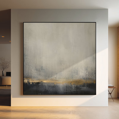 Très grand art mural imprimé sur tissu - Composition abstraite minimale de blocs géométriques avec des accents neutres beige, gris, noir et or discret pour un salon ou une chambre à coucher - «Assemblage requis du cadre (cadre non fini)»