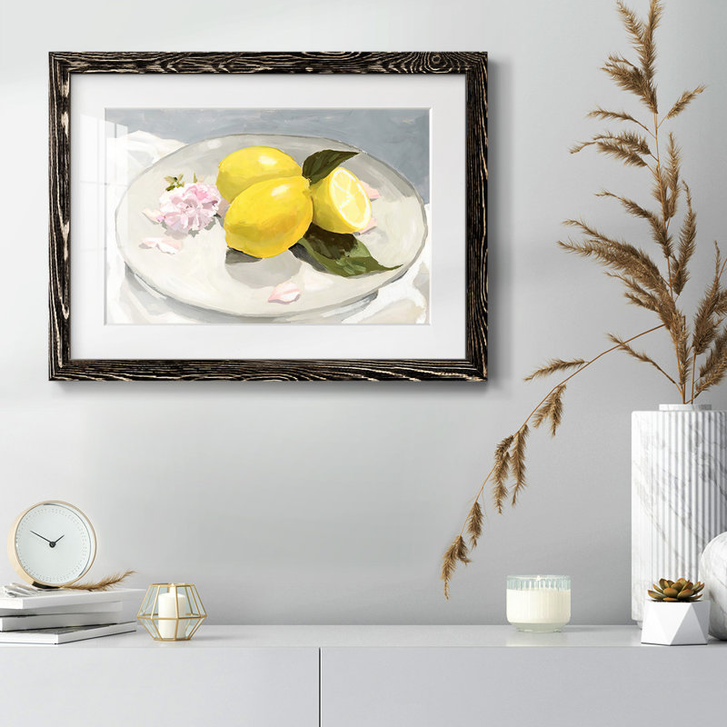 Citrons sur une plaque II - reproduction encadrée rustique avec tableau mat, Cadre noir, H 22 po x l 32 po