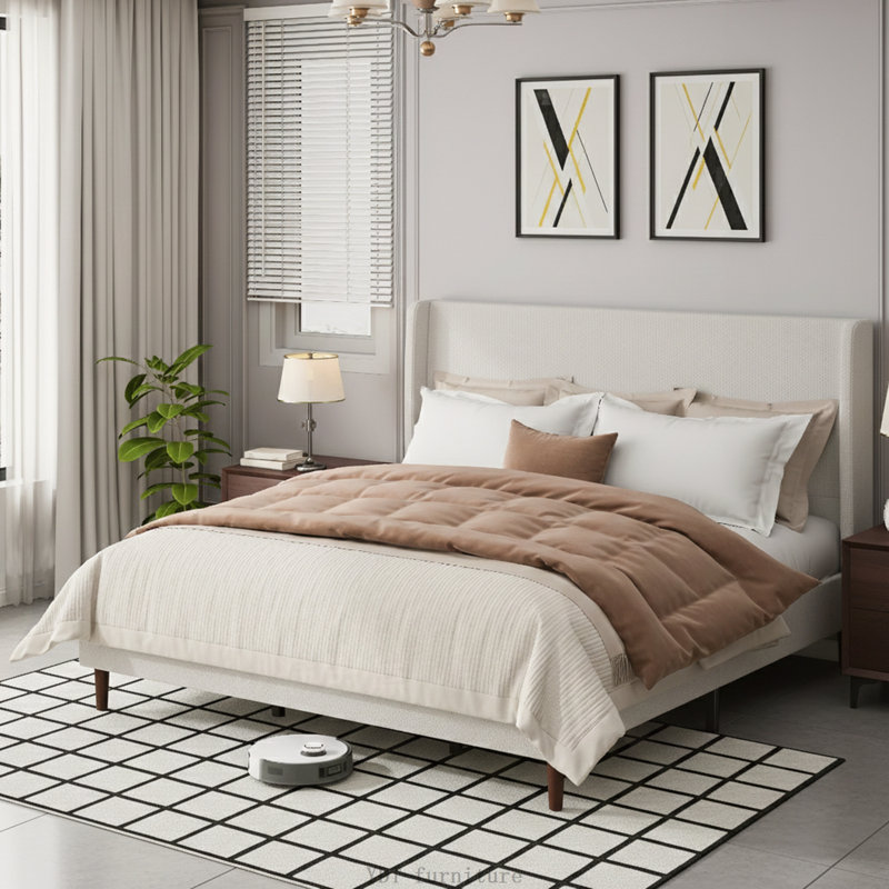 Lit tapissier très grand pour très grande tête de lit, tissu chenille, blanc ivoire, aucun sommier requis, Très grand lit