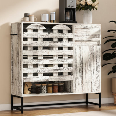 Armoire de rangement rustique de 44,3 po pour salon, console de bar avec tablettes ouvertes et tiroir, blanc vieilli, rangement rétro fiable, cuisine de buffet, portes arquées de couloir,
