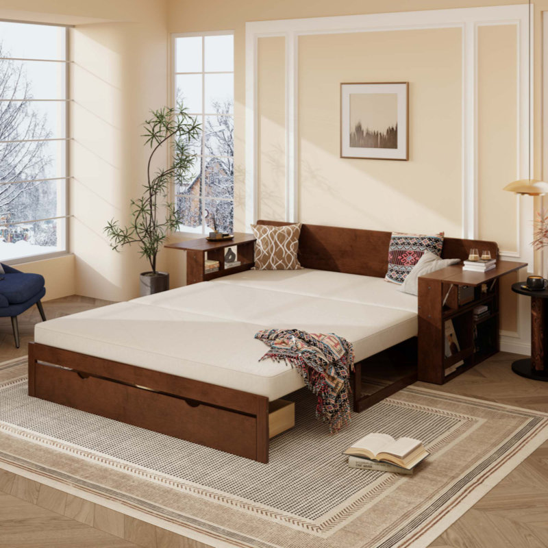 Lit de jour avec bureau amovible, tiroirs de rangement et table d'appoint hydraulique, Espresso, Grand lit
