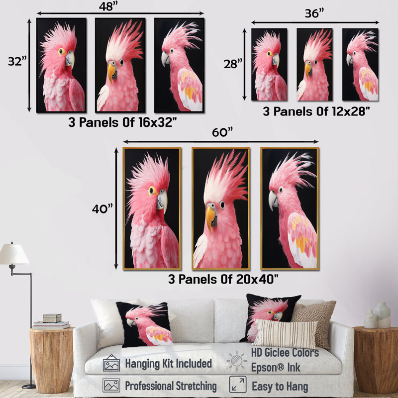 Perroquet rose au paradis I - Ensemble de 3 impressions sur toile perroquet, Cadre flottant noir, H 28 po x l 36 po